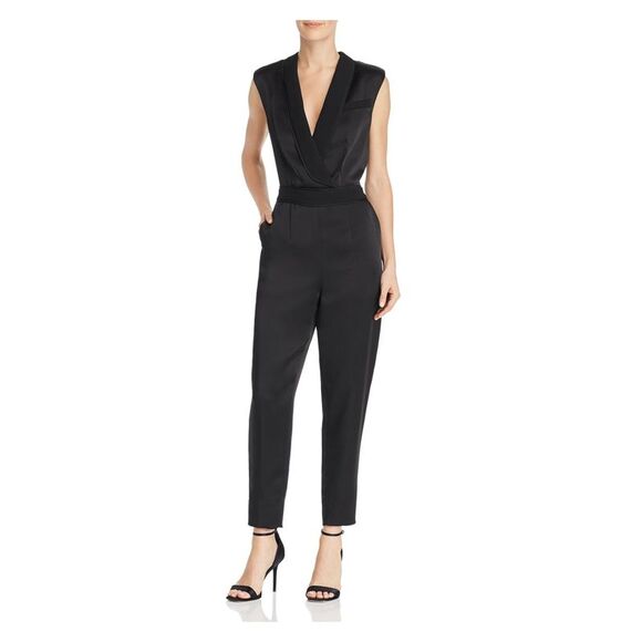 NWT RACHEL ZOE Womens Black Faux Wrap Straight leg Evening Jumpsuit Size: 12